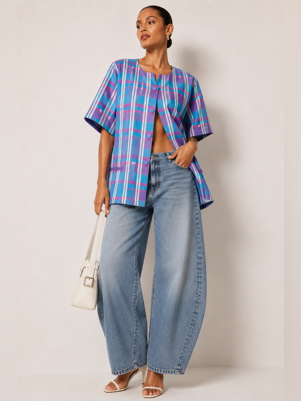 Lavender & Turquoise Plaid Short Sleeve Blazer Suit